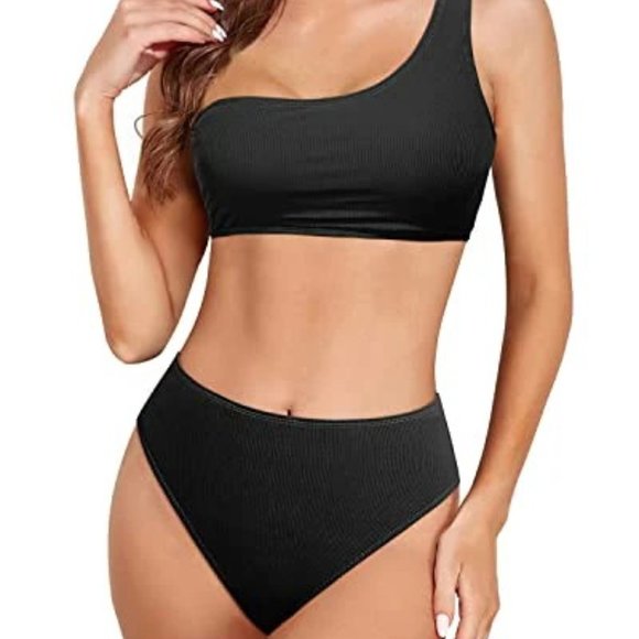 Tempt Me One Shoulder High Waisted High Cut Bikini Set-Black - Picture 1 of 5